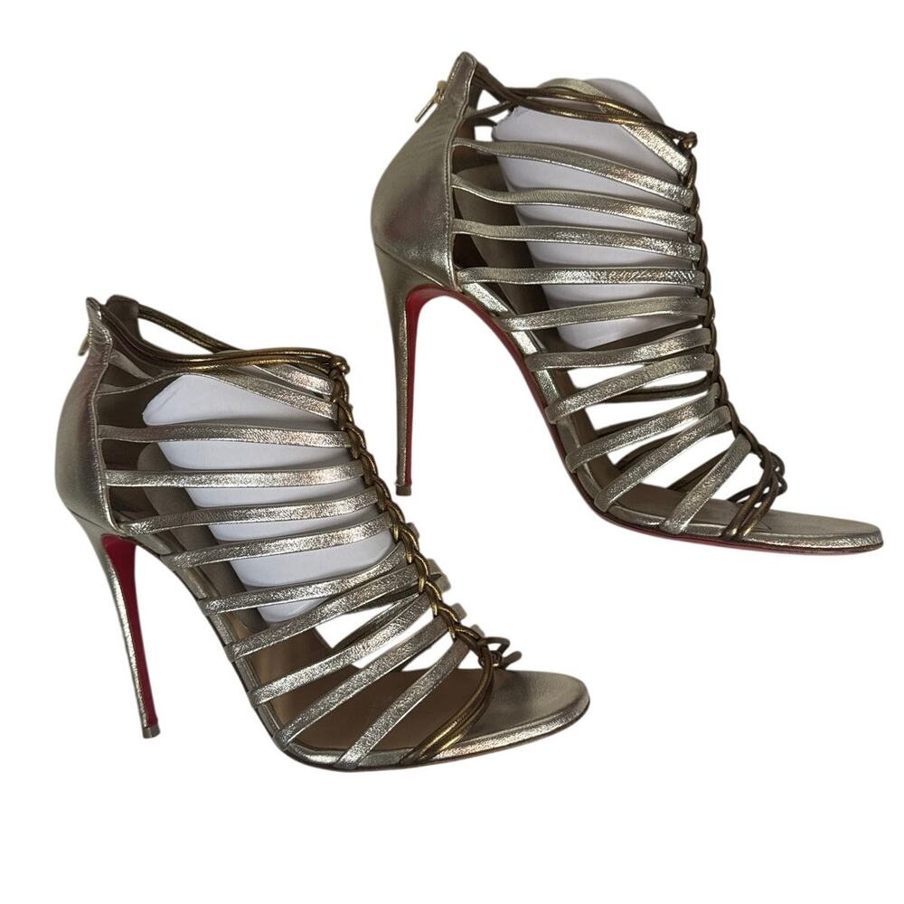 Christian Louboutin Nappa Silk Milla 100 Sandals Heels + Dust Bag Gold Gladiator